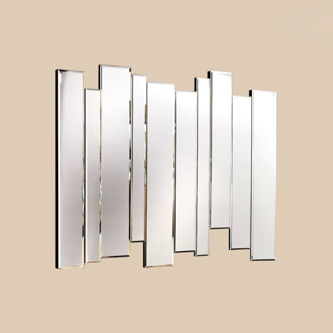 Contemporary geometric mirror decor with layered vertical panels on a neutral background.