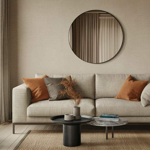 Modern living room with a beige sofa, round black mirror, and decorative items.