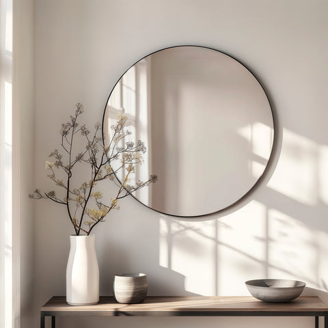 Round mirror on a wall with a vase of branches and a bowl on a table below.