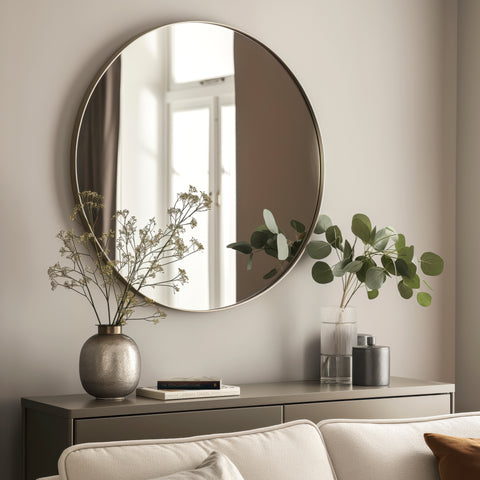 Champagne Gold Round mirror on a wall with decorative vases and plants on a shelf.