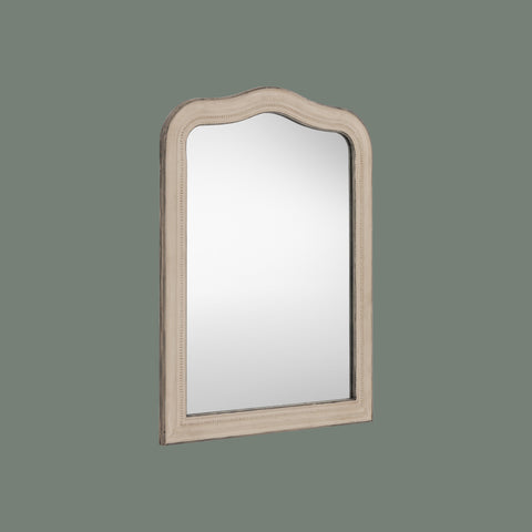 Decorative grey wall mirror with a softly curved silhouette, distressed finish and delicate beaded detailing.