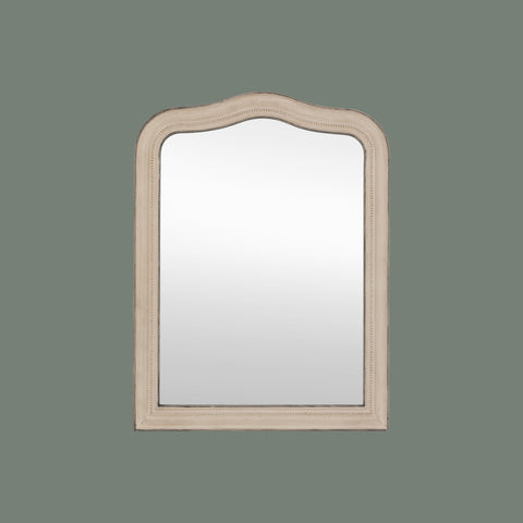 Elegant grey framed mirror with a gently shaped top and subtle vintage-inspired distressing.