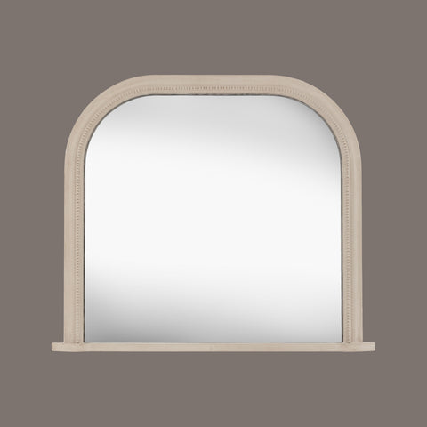 Elegant grey framed arch mirror with subtle vintage distressing and delicate border detailing.