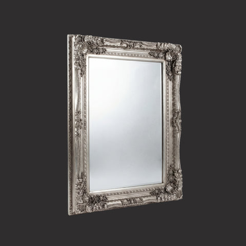 Decorative baroque-inspired wall mirror with ornate silver detailing and classic styling.