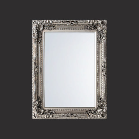 Elegant vintage-style mirror with decorative silver frame and elaborate ornamental carvings.