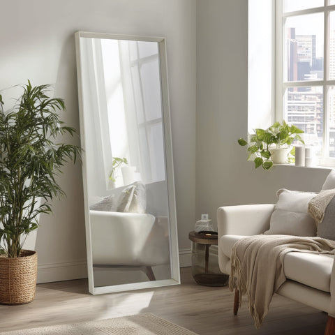 Greenwich Leaner Mirror in White leaning against the wall in a modern living room