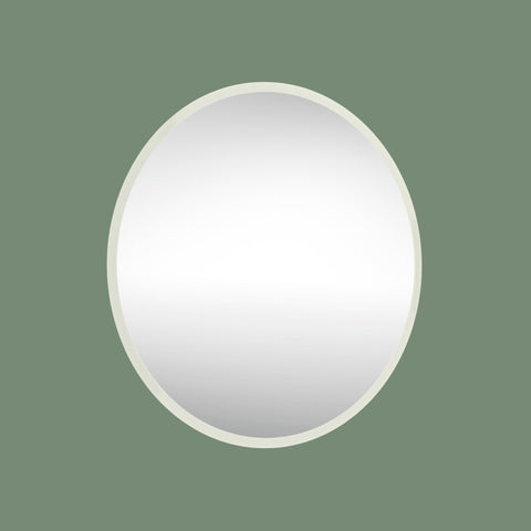 Minimalist circular wall mirror with clean white edging and contemporary styling.