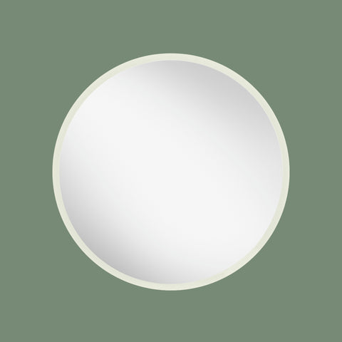 Minimalist circular wall mirror with clean white edging and contemporary styling.