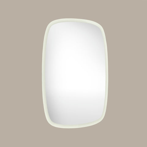 Irregular rounded rectangular wall mirror with a slim white frame and soft organic modern design against a neutral background.