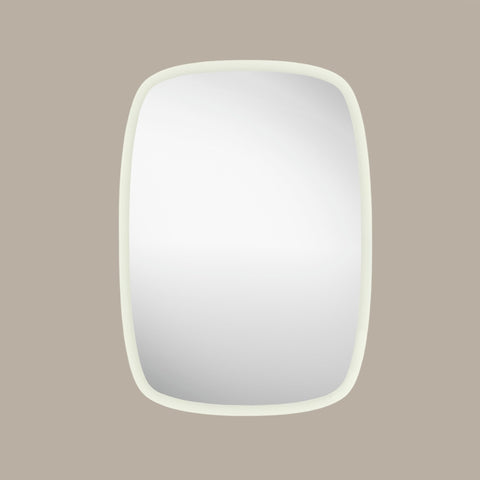Minimalist rounded rectangular mirror featuring soft sculptural curves and modern styling.