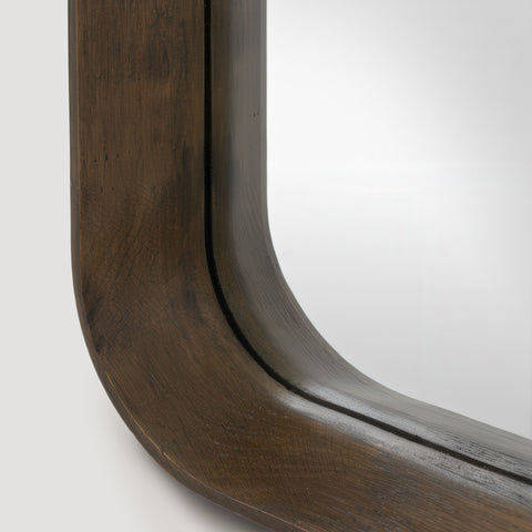Walnut wooden-framed rounded edge mirror on a white background