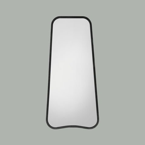 Modern full-length mirror featuring softened curves, a slim dark frame and a distinctive contemporary silhouette.