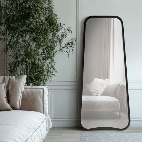 Organic shaped full-length black mirror with soft curved edges, ideal for modern, minimalist and Japandi-inspired interiors.