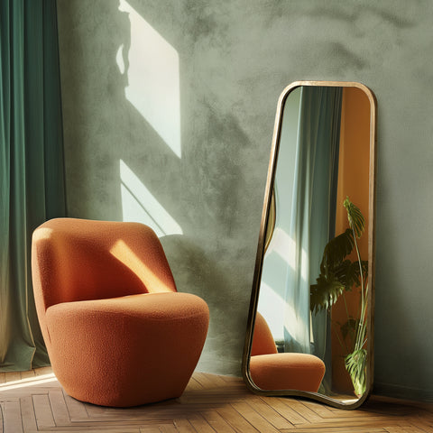 Gold effect framed leaner mirror next to a orange armchair with a concrete wall and window.