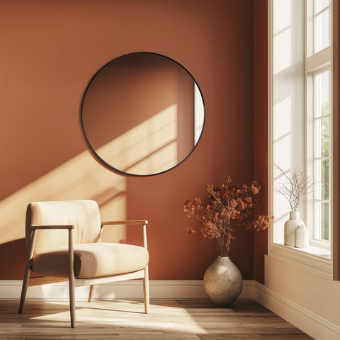 Round black wall mirror with a slim frame, styled against warm terracotta walls to add contrast and contemporary elegance to a softly lit interior.