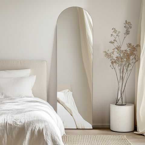 Notting Hill arch leaner mirror styled in neutral bedroom interior