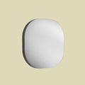 Minimal rounded mirror with a sleek dark frame, bringing soft shape and understated modern character to a room.