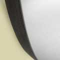 Detailed close-up of a modern mirror frame showcasing subtle texture, curved form and sophisticated dark tones.