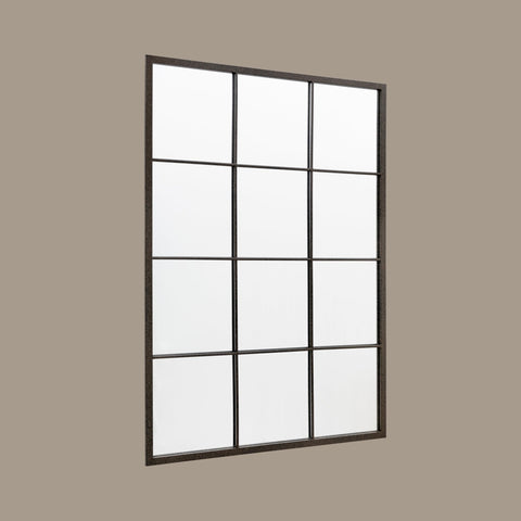 Modern grid-style wall mirror with black metal framing and divided pane design.