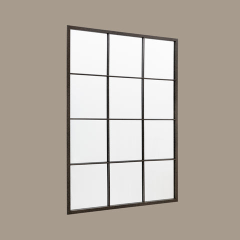 Contemporary black framed wall mirror with twelve-panel grid detailing and minimalist styling.