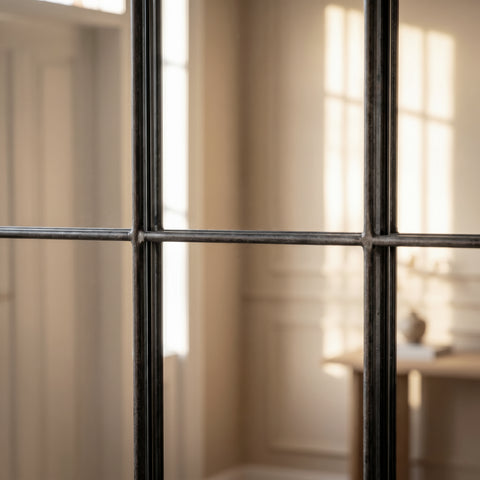 Detailed view of a modern industrial mirror featuring black metal windowpane dividers.
