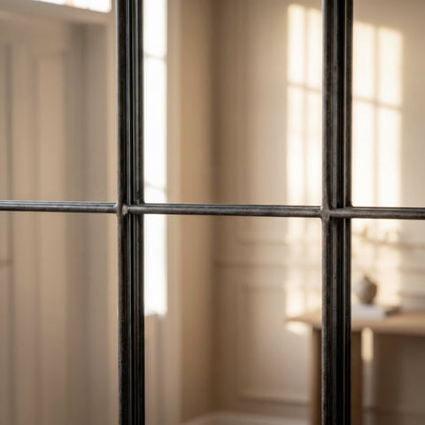 Industrial-style wall mirror detail with metal grid frame and warm interior reflections.