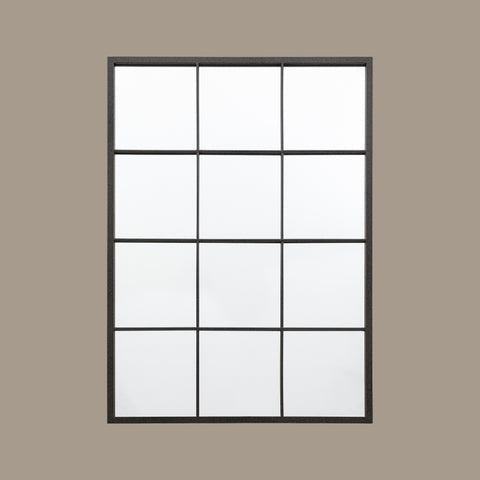 Industrial-inspired rectangular mirror featuring a geometric black windowpane frame.