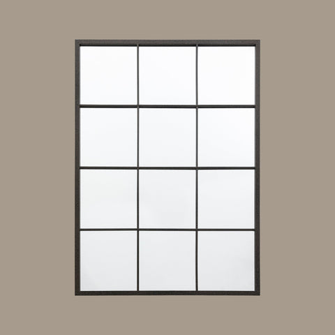 Large rectangular windowpane wall mirror with a black metal grid frame and modern industrial design against a neutral background.