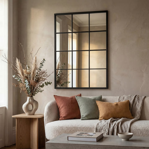 Large rectangular windowpane wall mirror with a black metal grid frame displayed above a modern sofa in a warm contemporary living room.