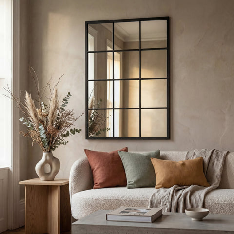 Modern black framed windowpane mirror styled above a textured sofa with earthy accent cushions.