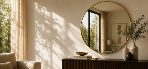 Elegant round statement mirror with gold edging styled in a warm-toned living room setting.”