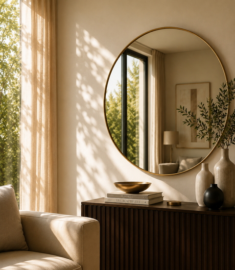 Large round wall mirror with a slim gold frame styled above a dark wood console table in a warm, light-filled living space.