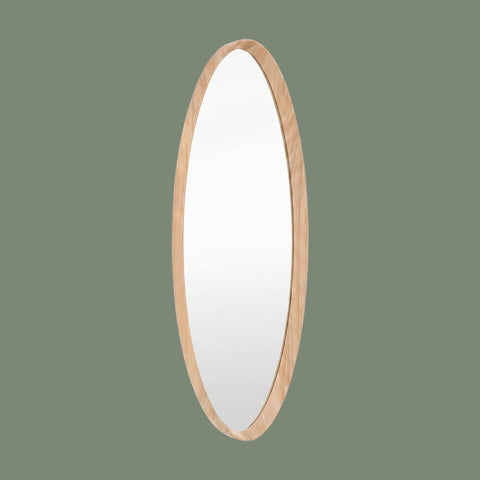 Oval wall mirror with a slim natural wood frame and minimalist contemporary design against a muted green background.