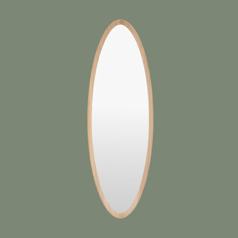 Modern oval mirror with light wood frame and clean minimalist styling.