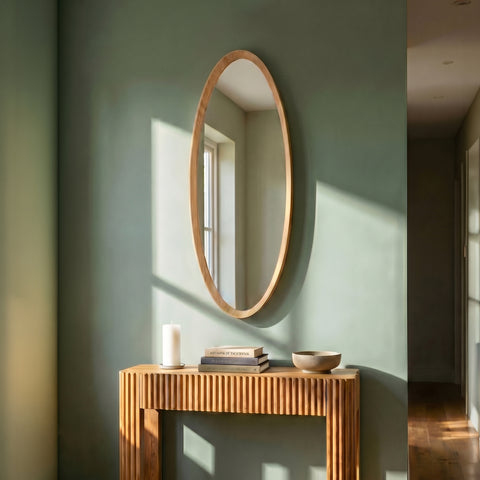 Oval wall mirror with a natural wood frame mounted above a ribbed wooden console table in a warm minimalist interior with soft sunlight.