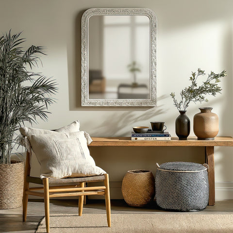 Decorative silver wall mirror with an ornate carved frame, styled above a wooden console table in a calm neutral interior for an elegant, timeless look.